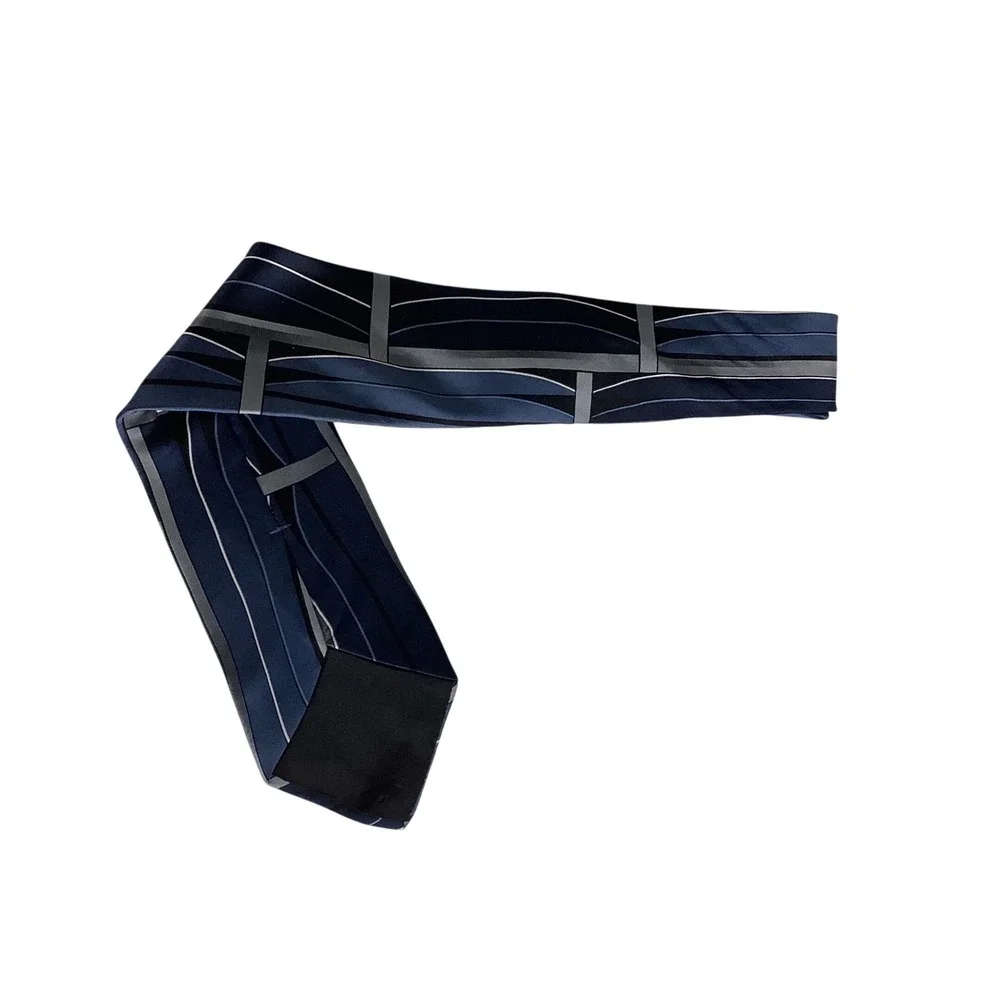 Arrow Mens Silk Necktie Navy Blue Grey Geometric Striped Grid Formal Tie